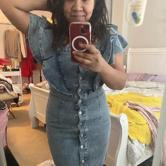 avec les filles denim dress Belted Drop Waist Stretch Midi Denim Dress Dark Wash Denim / 14 main image 0